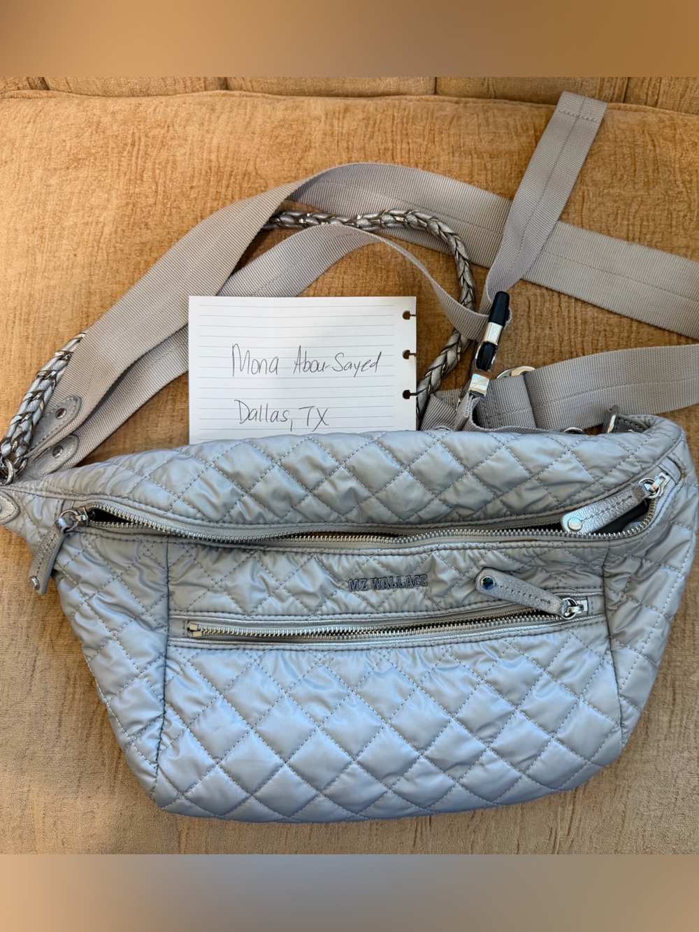 MZ Wallace Quilted Crossbody Bag in Light Gray with Silver Hardware